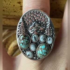 White Buffalo Turquoise Blue Turquoise Sterling Silver Forest Ring Size 6
